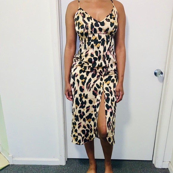 PrettyLittleThing Dresses & Skirts - PLT Tan Leopard Silk Slip Dress .